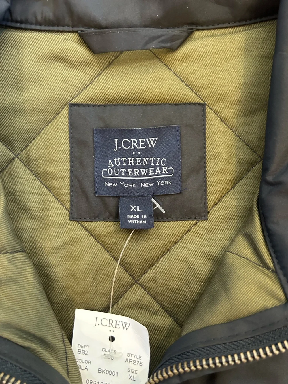 NWT J.Crew Quilted Utility Vest Black Olive Size XL Full Zip
